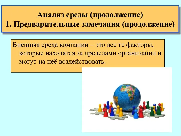 Анализ среды (продолжение) 1. Предварительные замечания (продолжение) Внешняя среда компании –