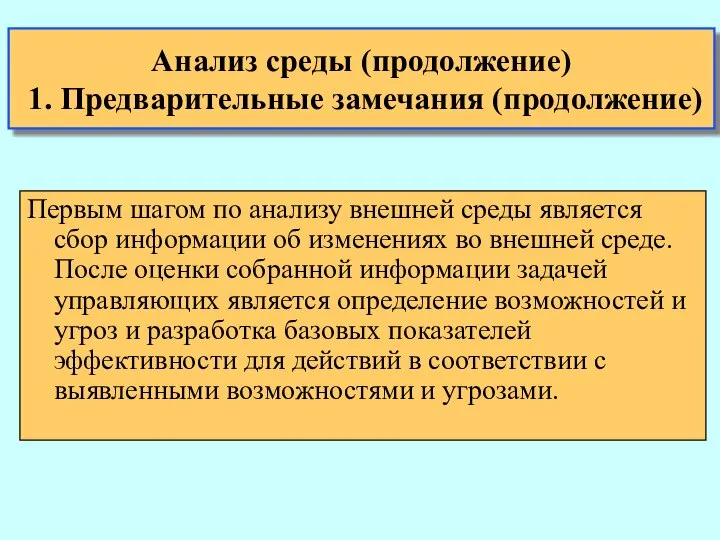 Анализ среды (продолжение) 1. Предварительные замечания (продолжение) Первым шагом по анализу