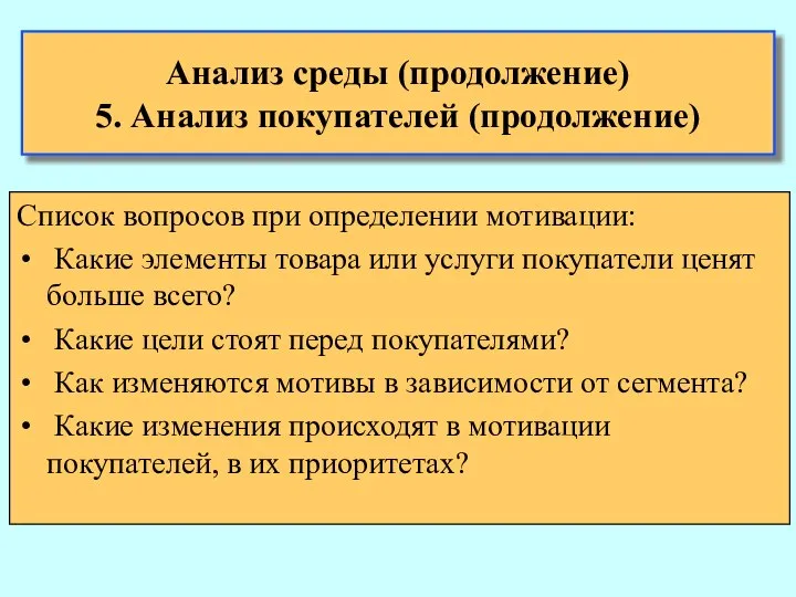 Анализ среды (продолжение) 5. Анализ покупателей (продолжение) Список вопросов при определении