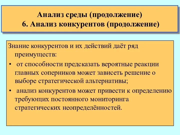 Анализ среды (продолжение) 6. Анализ конкурентов (продолжение) Знание конкурентов и их