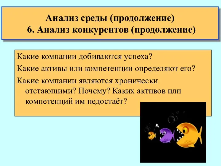 Анализ среды (продолжение) 6. Анализ конкурентов (продолжение) Какие компании добиваются успеха?