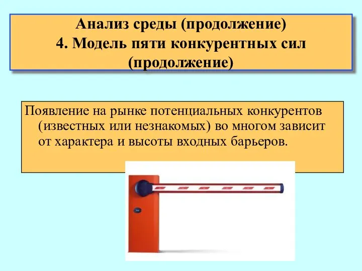 Анализ среды (продолжение) 4. Модель пяти конкурентных сил (продолжение) Появление на