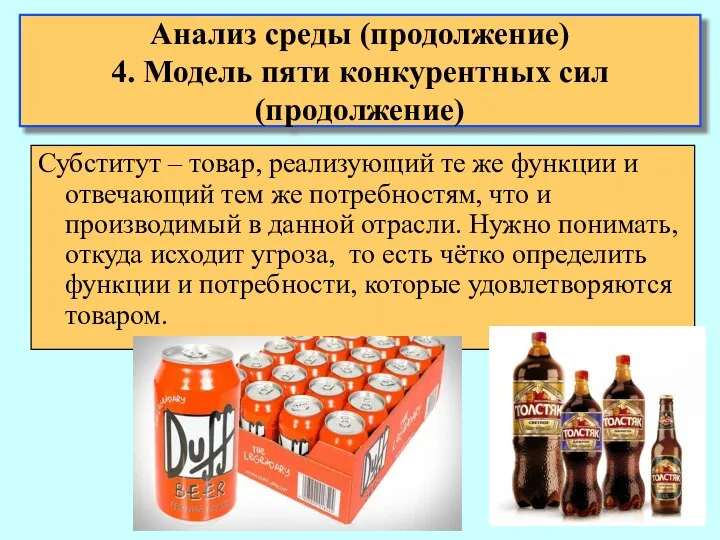 Анализ среды (продолжение) 4. Модель пяти конкурентных сил (продолжение) Субститут –