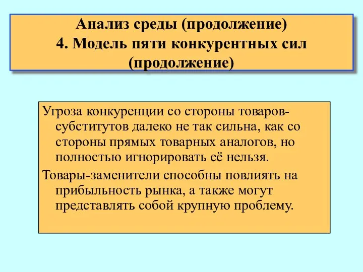 Анализ среды (продолжение) 4. Модель пяти конкурентных сил (продолжение) Угроза конкуренции