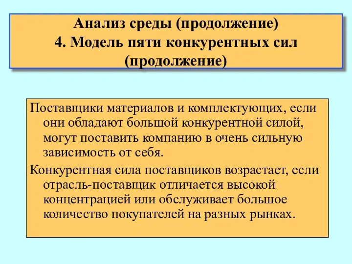 Анализ среды (продолжение) 4. Модель пяти конкурентных сил (продолжение) Поставщики материалов