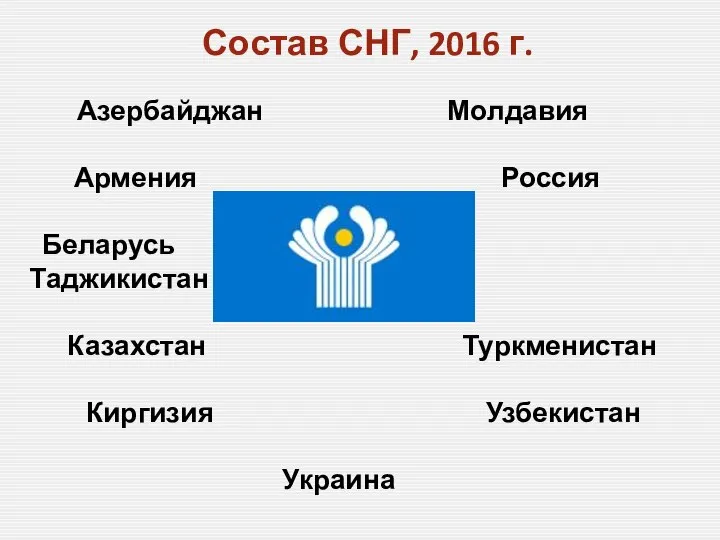 Состав СНГ, 2016 г. Азербайджан Молдавия Армения Россия Беларусь Таджикистан Казахстан Туркменистан Киргизия Узбекистан Украина