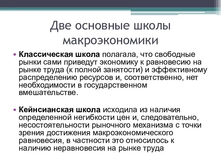 Две основные школы макроэкономики Классическая школа полагала, что свободные рынки сами