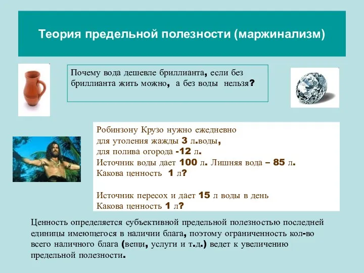 Теория предельной полезности (маржинализм) Почему вода дешевле бриллианта, если без бриллианта