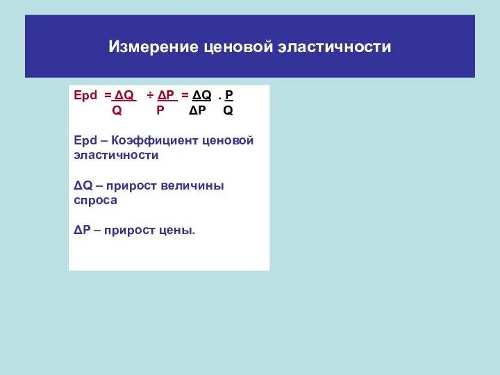 Измерение ценовой эластичности Epd = ΔQ ÷ ΔP = ΔQ .