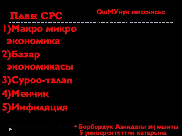 План СРС 1)Макро микро экономика 2)Базар экономикасы 3)Суроо-талап 4)Менчик 5)Инфиляция ОшМУнун