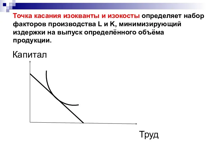 Точка касания изокванты и изокосты определяет набор факторов производства L и