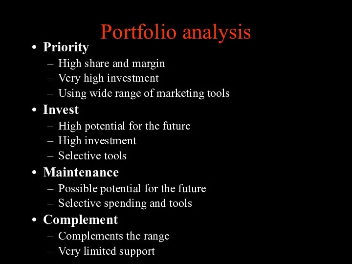 Portfolio analysis Priority High share and margin Very high investment Using