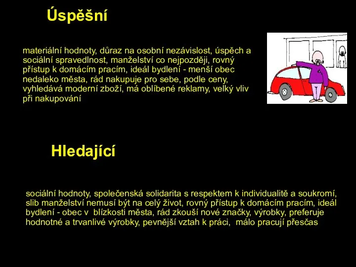 Úspěšní materiální hodnoty, důraz na osobní nezávislost, úspěch a sociální spravedlnost,