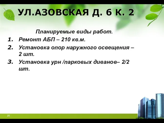 УЛ.АЗОВСКАЯ Д. 6 К. 2 Планируемые виды работ. Ремонт АБП –