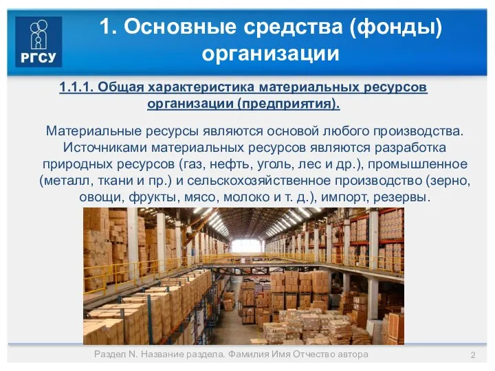 1. Основные средства (фонды) организации Раздел N. Название раздела. Фамилия Имя