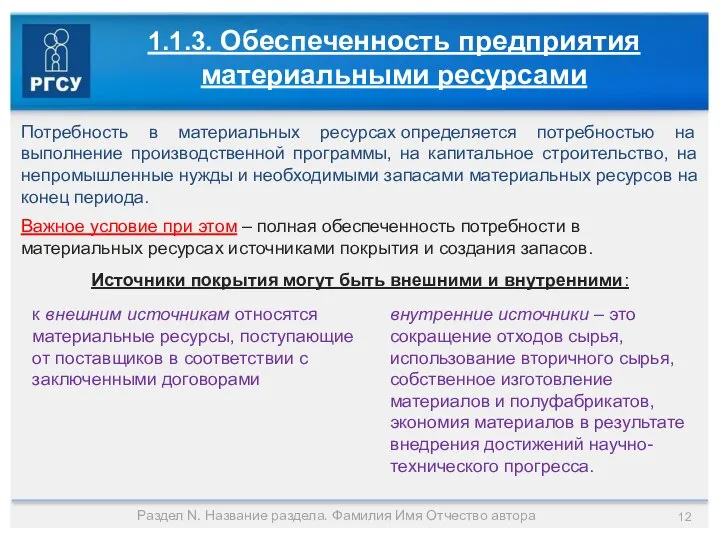 Раздел N. Название раздела. Фамилия Имя Отчество автора 1.1.3. Обеспеченность предприятия