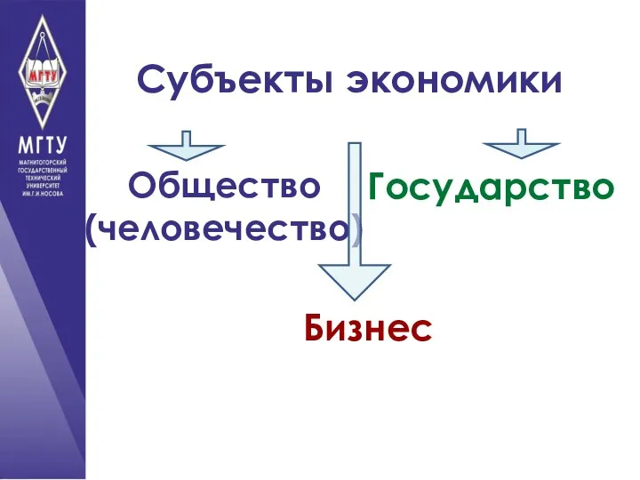 Субъекты экономики Общество (человечество) Государство Бизнес