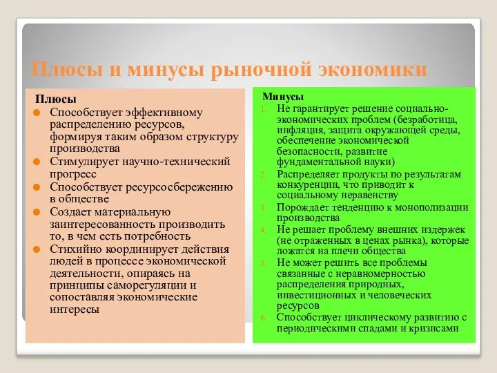 Плюсы и минусы рыночной экономики Плюсы Способствует эффективному распределению ресурсов, формируя