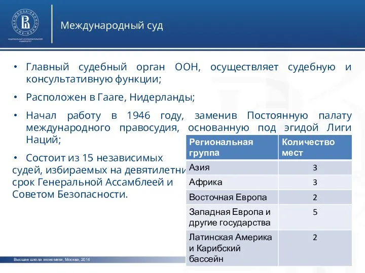 Высшая школа экономики, Москва, 2014 Международный суд Главный судебный орган ООН,