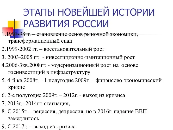 ЭТАПЫ НОВЕЙШЕЙ ИСТОРИИ РАЗВИТИЯ РОССИИ 1.1991-98гг. – становление основ рыночной экономики,