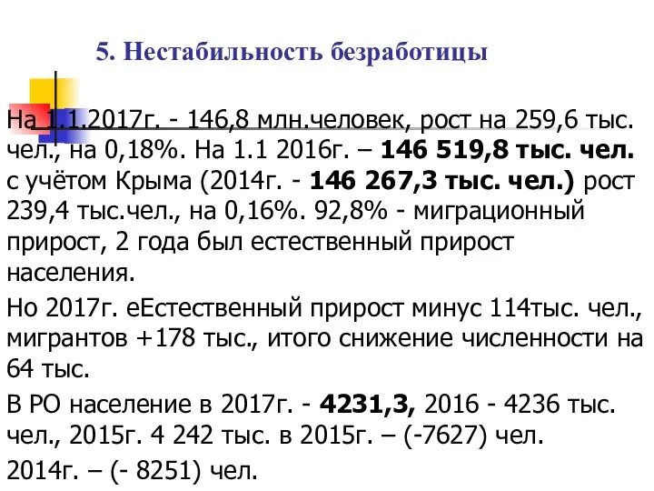 5. Нестабильность безработицы На 1.1.2017г. - 146,8 млн.человек, рост на 259,6