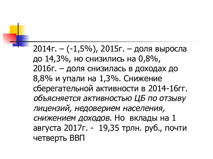 2014г. – (-1,5%), 2015г. – доля выросла до 14,3%, но снизились
