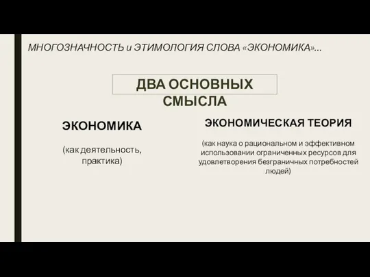 МНОГОЗНАЧНОСТЬ и ЭТИМОЛОГИЯ СЛОВА «ЭКОНОМИКА»… ЭКОНОМИКА (как деятельность, практика) ЭКОНОМИЧЕСКАЯ ТЕОРИЯ