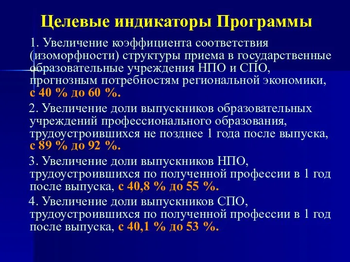 Целевые индикаторы Программы 1. Увеличение коэффициента соответствия (изоморфности) структуры приема в