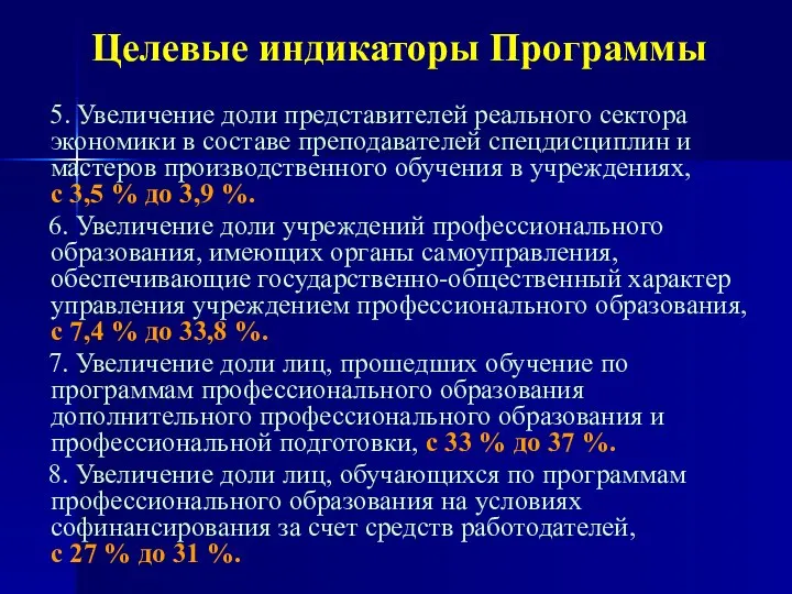 Целевые индикаторы Программы 5. Увеличение доли представителей реального сектора экономики в