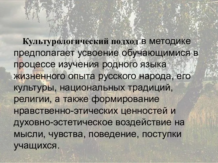 Культурологический подход в методике предполагает усвоение обучающимися в процессе изучения родного