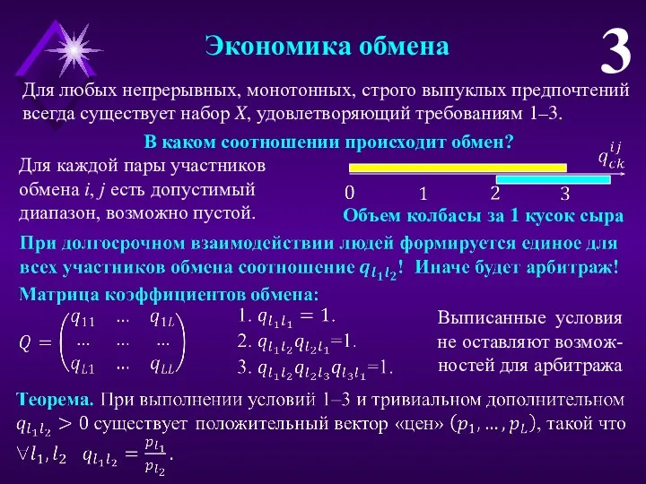 Экономика обмена 3 Для любых непрерывных, монотонных, строго выпуклых предпочтений всегда