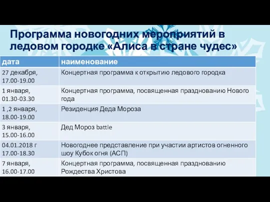 Программа новогодних мероприятий в ледовом городке «Алиса в стране чудес»