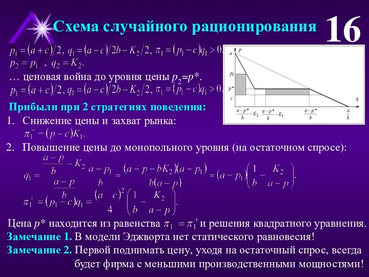 Схема случайного рационирования 16 … ценовая война до уровня цены p2=p*.