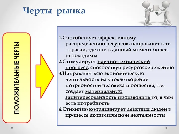 Черты рынка ПОЛОЖИТЕЛЬНЫЕ ЧЕРТЫ 1.Способствует эффективному распределению ресурсов, направляет в те