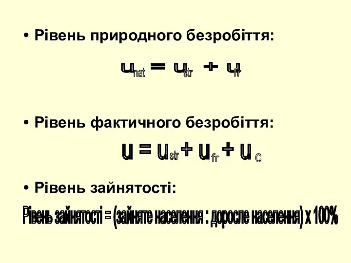 Рівень природного безробіття: Рівень фактичного безробіття: Рівень зайнятості: u = u