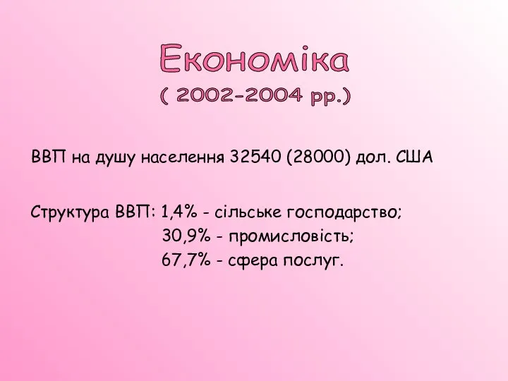 ВВП на душу населення 32540 (28000) дол. США Структура ВВП: 1,4%