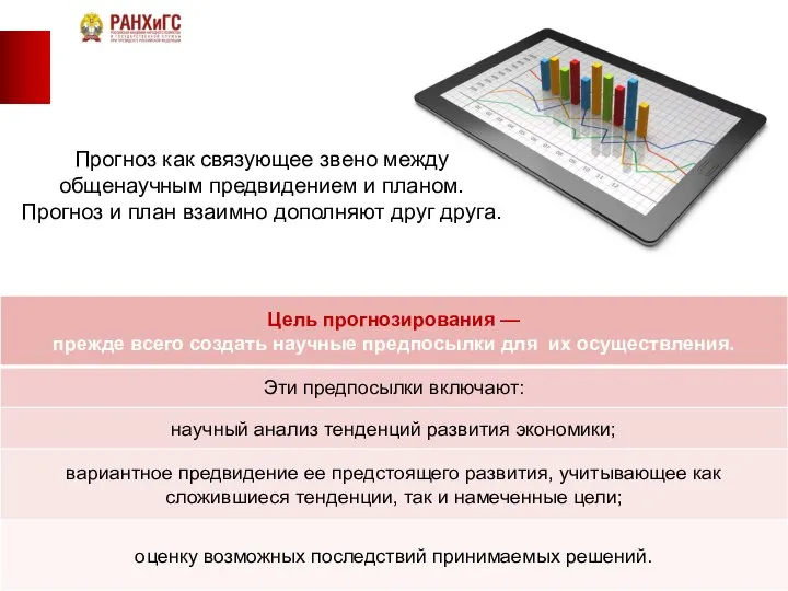 Прогноз как связующее звено между общенаучным предвидением и планом. Прогноз и план взаимно дополняют друг друга.