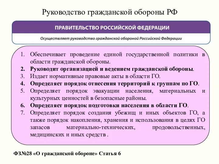 Руководство гражданской обороны РФ ФЗ№28 «О гражданской обороне» Статья 6