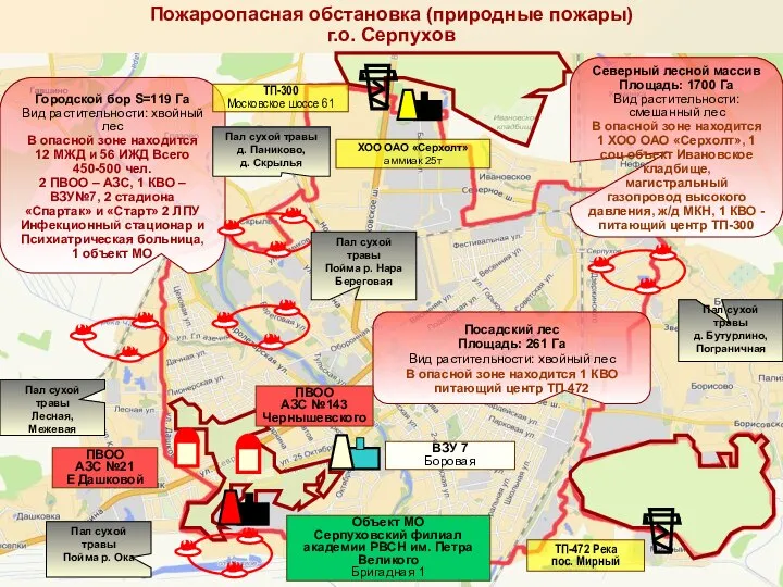 Городской бор S=119 Га Вид растительности: хвойный лес В опасной зоне