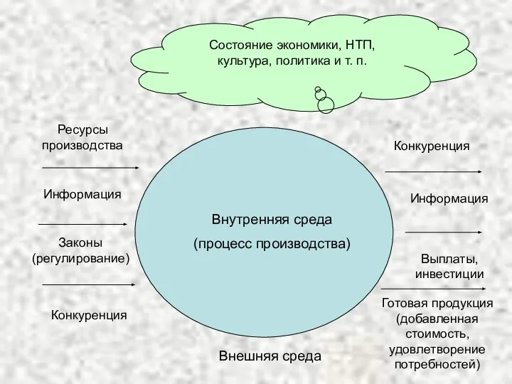 Внешняя среда Ресурсы производства Внутренняя среда (процесс производства) Информация Законы (регулирование)