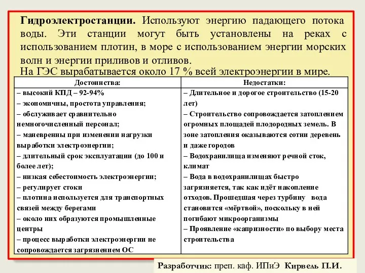 Гидроэлектростанции. Используют энергию падающего потока воды. Эти станции могут быть установлены