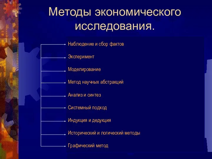 Методы экономического исследования. Наблюдение и сбор фактов Эксперимент Моделирование Метод научных