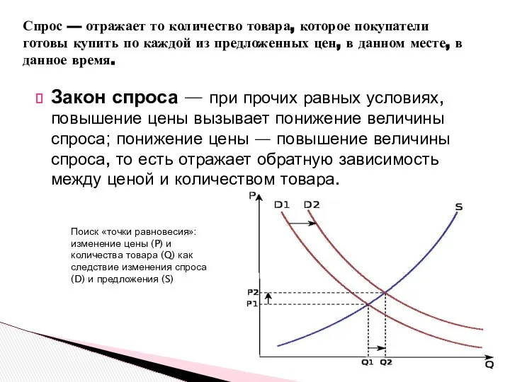 Закон спроса — при прочих равных условиях, повышение цены вызывает понижение