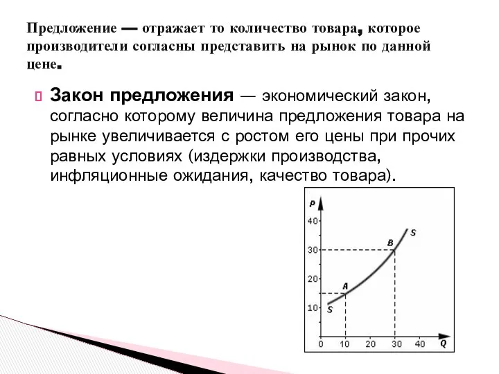 Предложение — отражает то количество товара, которое производители согласны представить на