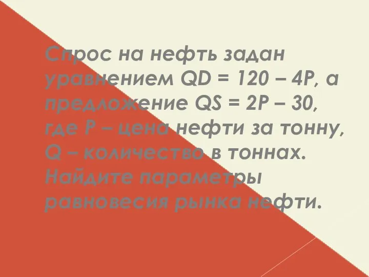 Спрос на нефть задан уравнением QD = 120 – 4P, а