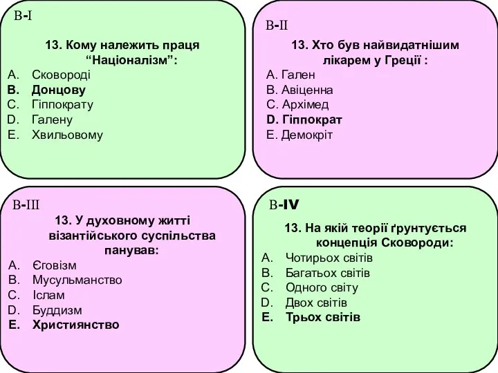 13. Кому належить праця “Націоналізм”: Сковороді Донцову Гіппократу Галену Хвильовому 13.