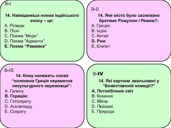 14. Найвідоміша поема індійського епосу – це: A. Рігведи B. Пісні