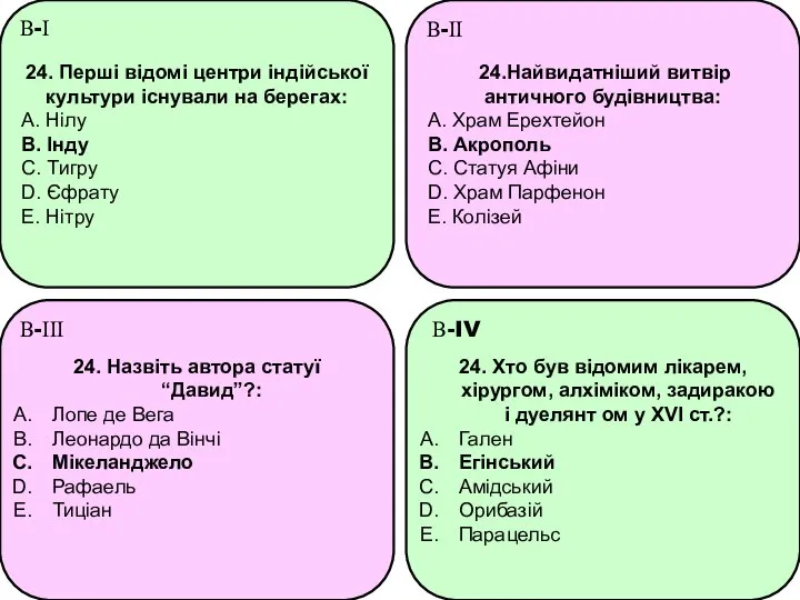 24. Перші відомі центри індійської культури існували на берегах: A. Нілу