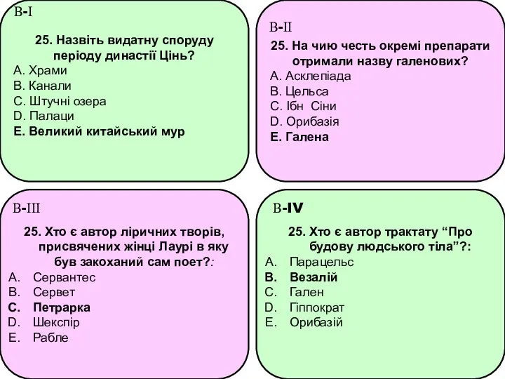 25. Назвіть видатну споруду періоду династії Цінь? A. Храми B. Канали