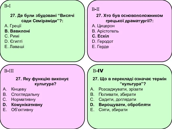 27. Де були збудовані “Висячі сади Семіраміди”?: A. Греції B. Вавилоні